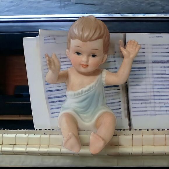 Vintage Piano Baby Bisque Porcelain Figure Blue Boy Arms Up 3.5" Handpainted - Picture 16 of 16